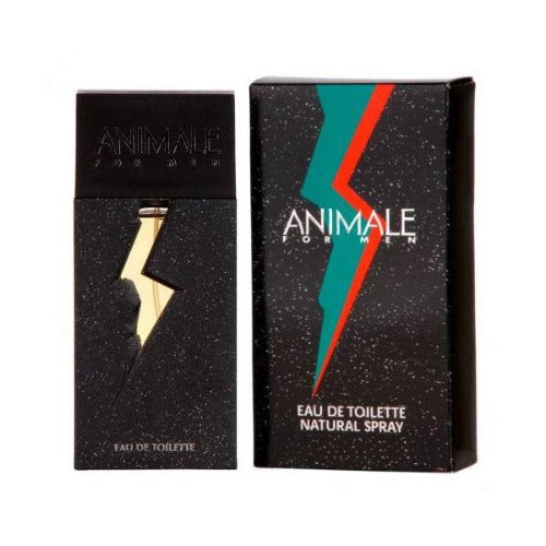 Animale Eau De Toilette bottle and box with black packaging and gold lightning bolt design