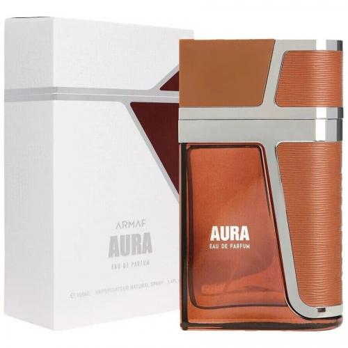 Armaf Aura fragrance set with bottle, two coral textured containers, and white box packaging