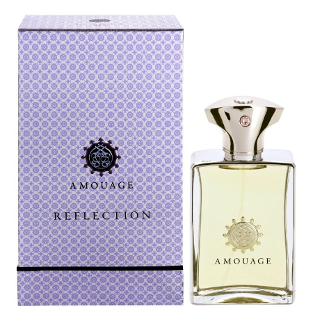 Amouage Reflection eau de parfum bottle with lavender patterned box packaging