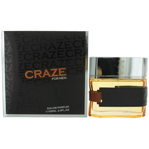 Armaf Craze For Men eau de parfum bottle with black box packaging
showing amber fragrance liquid in clear glass with black band detail