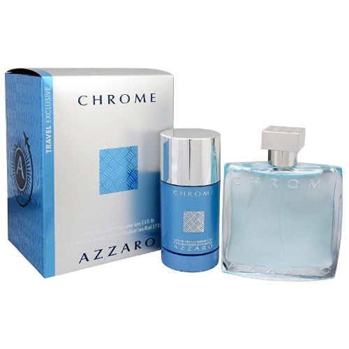 Azzaro Chrome 2 piece gift set with cologne bottle, deodorant stick, and white box packaging with blue accents.