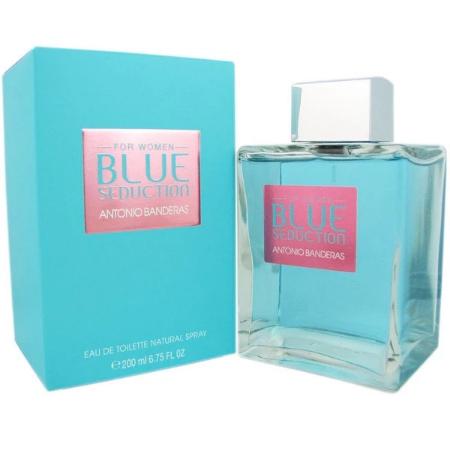 Blue Seduction fragrance bottle and turquoise packaging box displayed side by side
