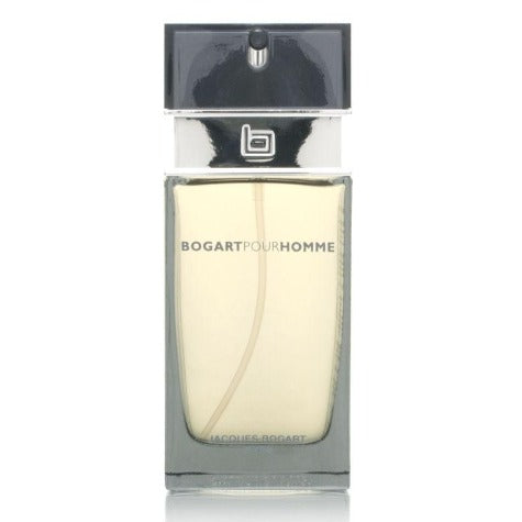 Bogart Pour Homme eau de toilette bottle with pale yellow liquid and black cap.