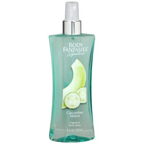 Body Fantasies Cucumber Melon fragrance spray bottle with green liquid and spray nozzle