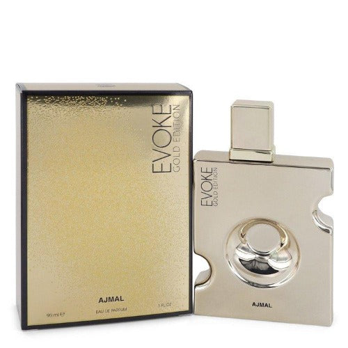 Ajmal Evoke Gold fragrance bottle and box in champagne and gold tones