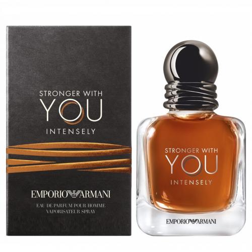 Emporio Armani Stronger With You Intensely Eau de Parfum 3.4 oz transparent bottle with amber juice and packaging box front view