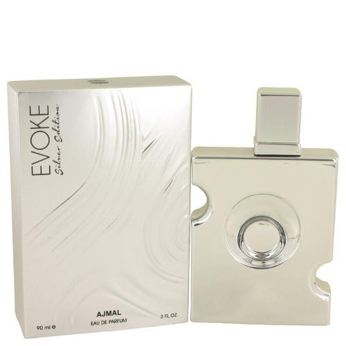 Ajmal Evoke Silver fragrance box and bottle in cream with circular window detail, 3 fl oz