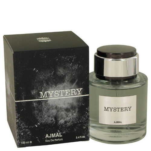 Ajmal Mystery Eau De Parfum bottle with black box packaging displayed against white background.