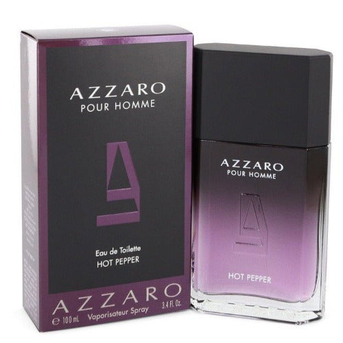 Azzaro Pour Homme Hot Pepper fragrance box and spray bottle in black and purple packaging
