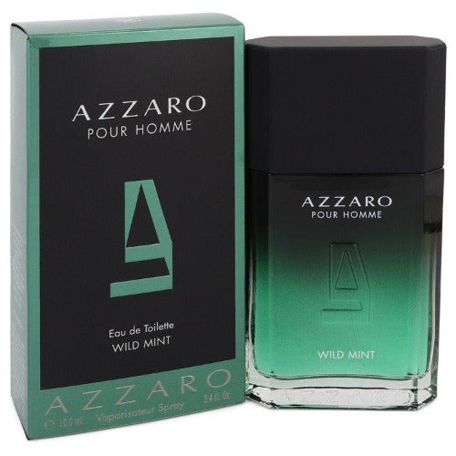 Azzaro Pour Homme Wild Mint fragrance bottle with black cap and green box packaging.