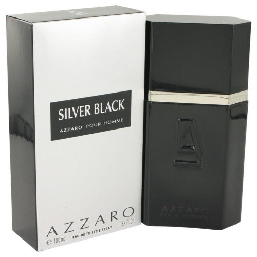 Azzaro Silver Black fragrance bottle and white box with black accents