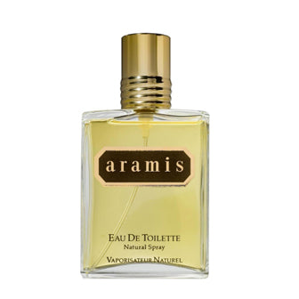 Aramis Eau De Toilette bottle with clear glass and gold cap on white background