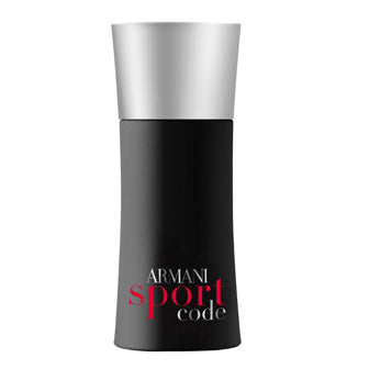 Armani Code Sport fragrance bottle with black base and silver metallic top