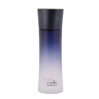 Armani Code Summer Eau De Toilette bottle with dark gray cap and gradient blue to clear glass.