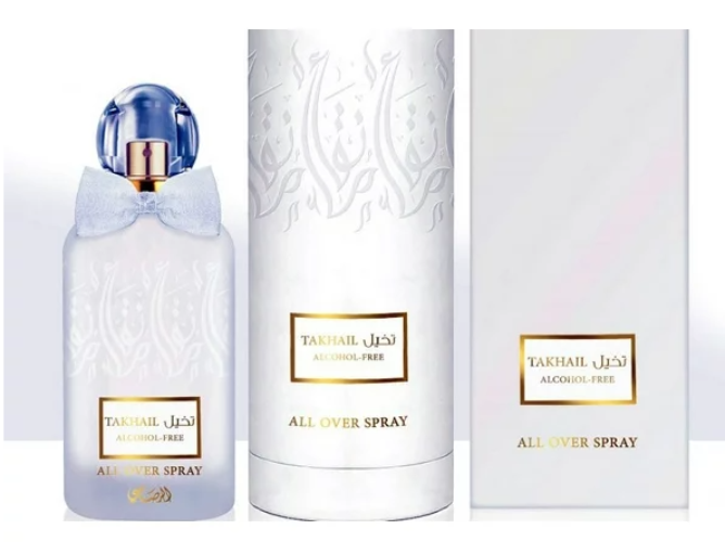 Rasasi Takhail All Over Perfume alcohol free frosted 3.4 oz white bottle with blue cap and packaging box front view