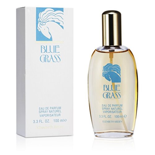 Blue Grass Eau De Parfum bottle with box, 100 ml spray, gold liquid in clear glass with gold cap