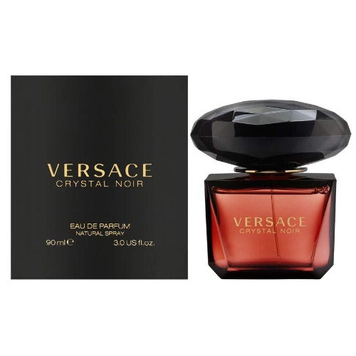 Versace Crystal Noir Eau de Parfum 3.0 oz bottle with black crystal cap and packaging box front view
