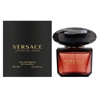 Versace Crystal Noir Eau de Parfum 3.0 oz bottle with black crystal cap and packaging box front view