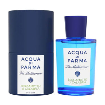 Blu Mediterraneo Bergamotto di Calabria fragrance bottle with navy cylindrical box and blue packaging