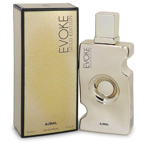 Ajmal Evoke Gold bottle and box set in cream and gold packaging