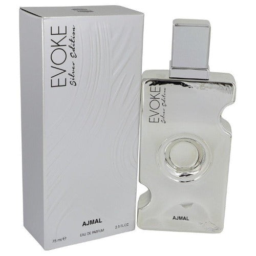 Ajmal Evoke Silver bottle with white box, clear glass flacon with silver cap