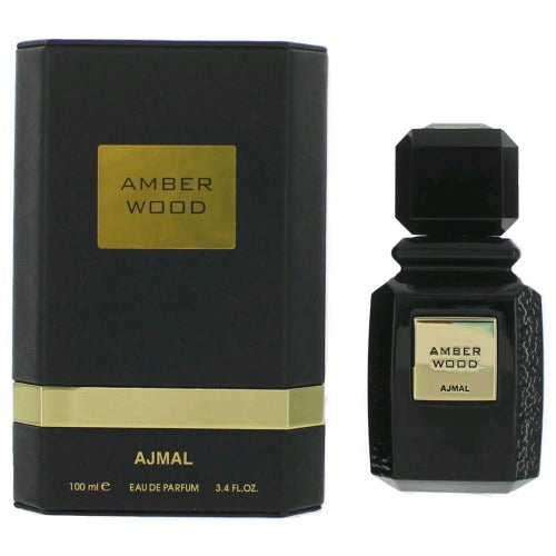 Ajmal Amber Wood Eau De Parfum 100ml bottle with black box packaging and gold accents