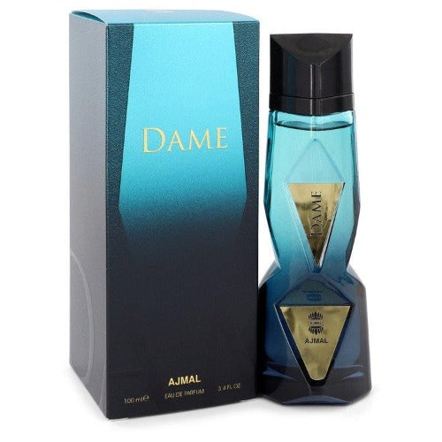 Ajmal Dame Eau De Parfum bottle with packaging box in teal and black colors