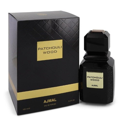 Ajmal Patchouli Wood fragrance bottle with black quilted box and gold accents