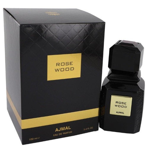 Ajmal Rose Wood black box and bottle with gold accents, 100ml eau de parfum set