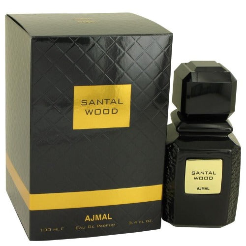 Ajmal Santal Wood perfume bottle and box set, black and gold packaging with yellow label accent.