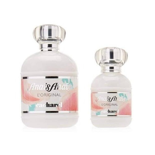 Anais Anais L'Original two-piece fragrance set with large and small glass bottles with silver caps