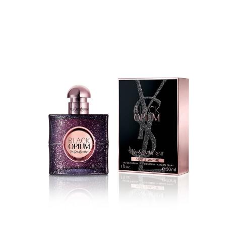 Black Opium Nuit Blanche perfume bottle with glitter finish and matching box packaging