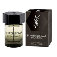 Yves Saint Laurent La Nuit De L'Homme Eau de Toilette 3.3 oz smoky grey bottle with dark packaging box front view