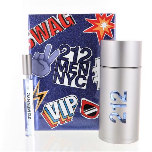 212 Men 2 piece gift set with silver spray bottle and vial on blue box packaging