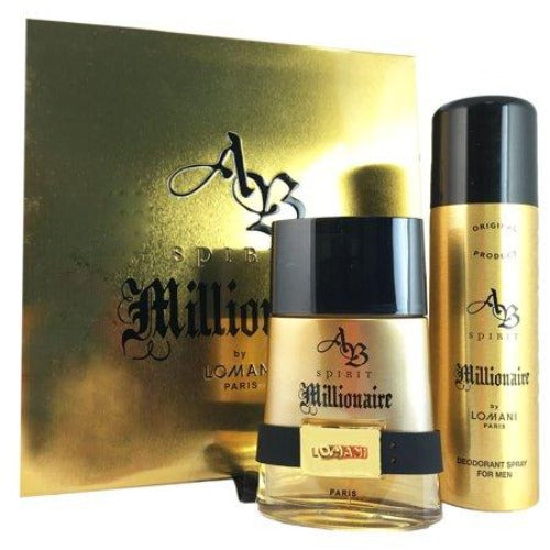 AB Spirit Millionaire fragrance set with gold box, eau de parfum bottle, and deodorant spray.
