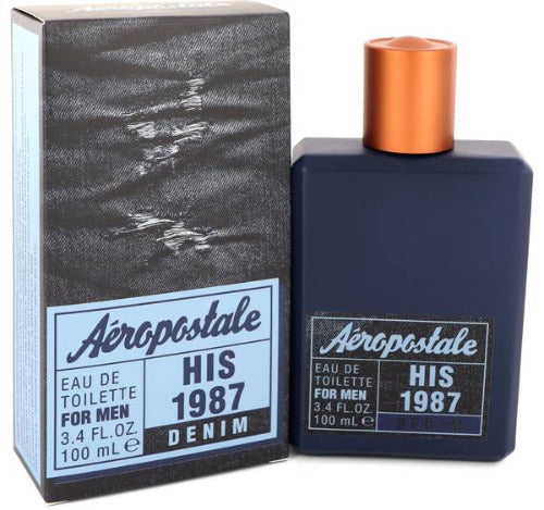 Aeropostale His 1987 Denim cologne bottle with gray box and copper cap, 3.4 fl oz