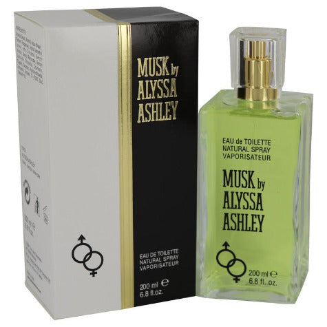 Alyssa Ashley Musk eau de toilette spray bottle with box, 200ml, green liquid with gold cap.