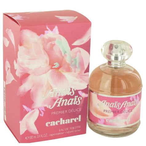 Anais Anais Premier Delices perfume bottle and pink floral box packaging