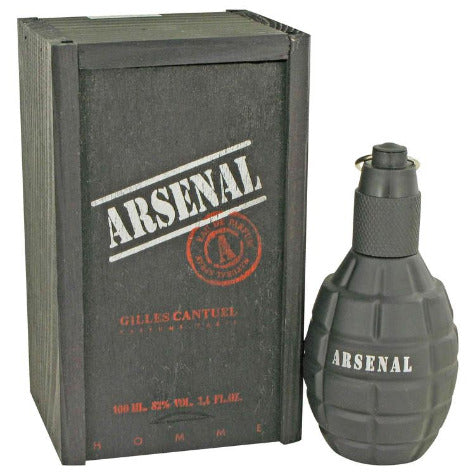 Arsenal Black Eau De Parfum bottle with grenade-shaped design next to wooden box packaging