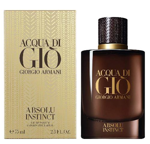 Acqua Di Gio Absolu Instinct box and dark brown glass bottle with gold accents