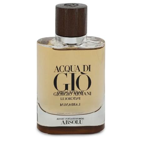 Acqua Di Gio Absolu bottle with beige liquid, dark brown cap and frosted glass base.