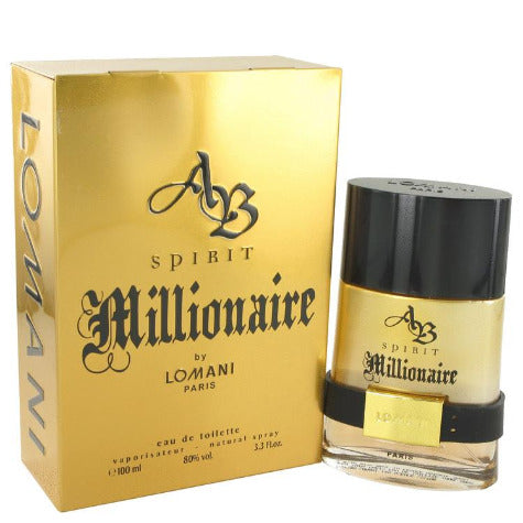 AB Spirit Millionaire fragrance bottle and gold box packaging by Lomani Paris