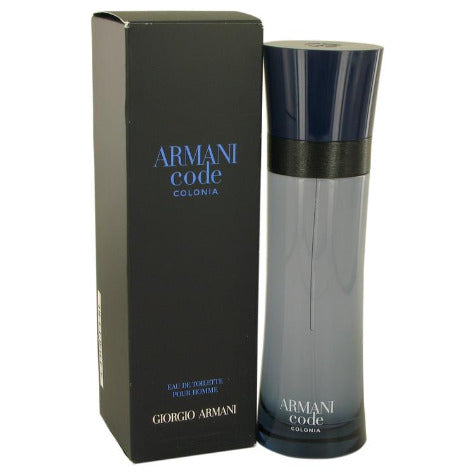 Armani Code Colonia fragrance bottle with dark cap and box packaging displayed together.