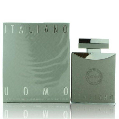 Armaf Italiano Uomo eau de toilette bottle with sage green box displayed side by side.