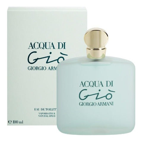 Acqua Di Gio eau de toilette bottle with light blue liquid next to white box packaging with gold cap