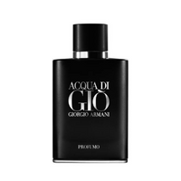 Acqua Di Gio Profumo black bottle with silver band and spray top against white background