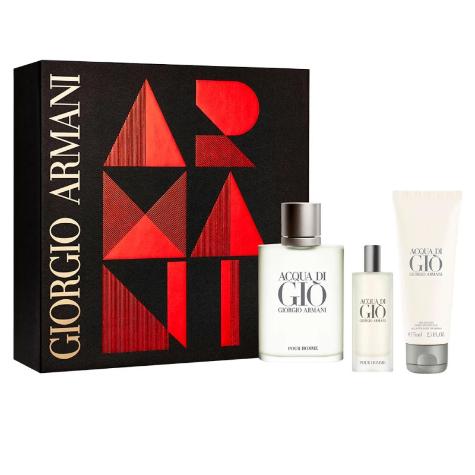 Acqua di Gio 3-piece gift set with black box, cologne bottle, smaller spray, and body lotion tube.