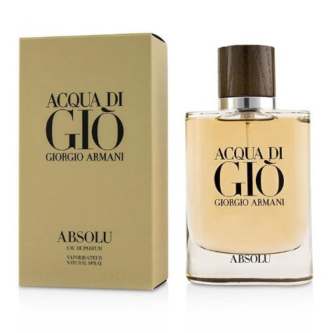Acqua Di Gio Absolu perfume bottle with gold box packaging displayed side by side.