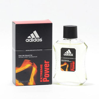 Adidas Extreme Power cologne bottle next to its black and red box packaging