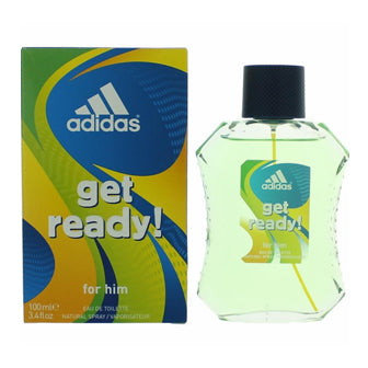 Adidas Get Ready cologne bottle in light green with blue and yellow packaging box